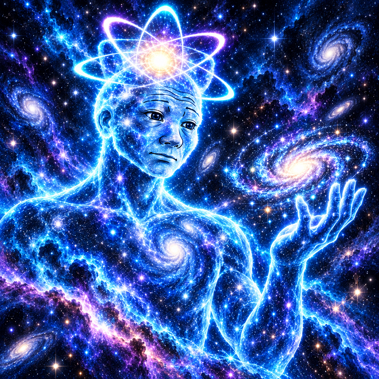 Quantum Wojak holding a galaxy in a cosmic field
