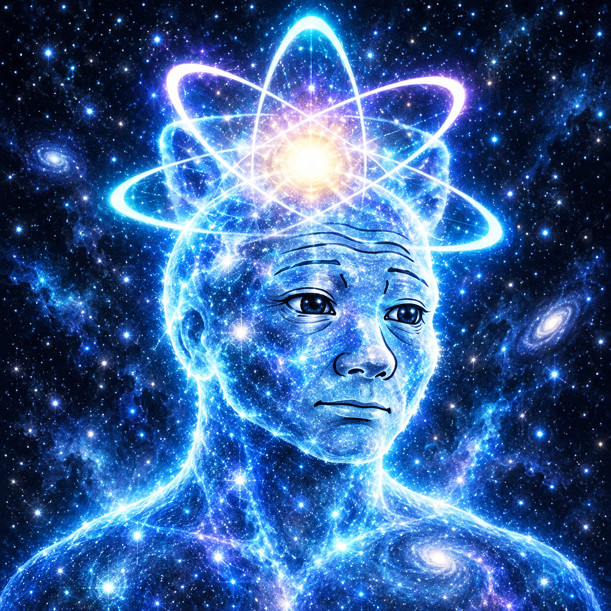 Quantum Wojak cosmic portrait with an atomic halo